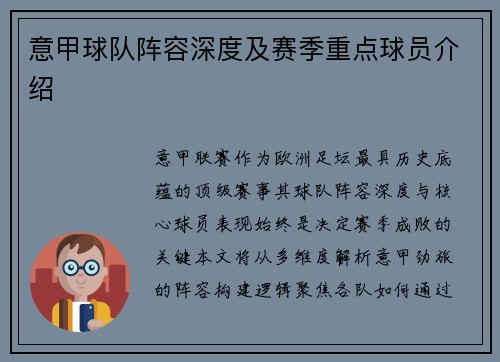 意甲球队阵容深度及赛季重点球员介绍