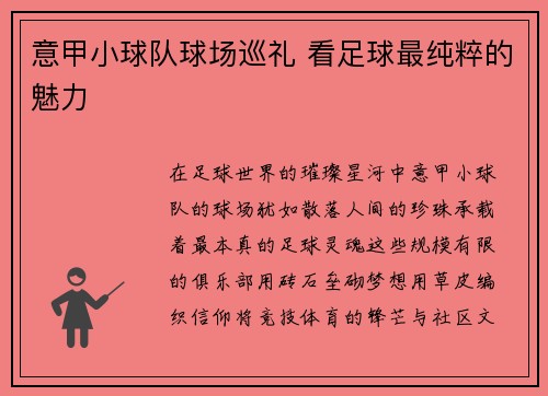 意甲小球队球场巡礼 看足球最纯粹的魅力