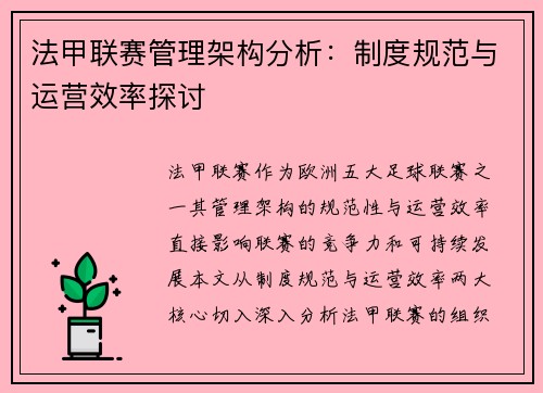 法甲联赛管理架构分析：制度规范与运营效率探讨